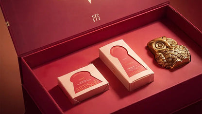 Artisun Vahana Vol 1 open Diwali box with Origin and Aura cartons and a brass owl keepsake