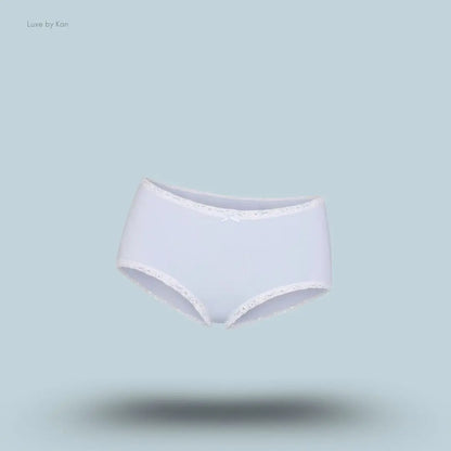 SKIMS Lightweight Cotton Lace Boy Short in Airspace, flat lay on light blue background