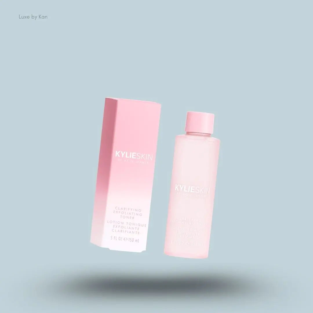 Kylie Cosmetics Clarifying Exfoliating Toner bottle on blue background — Luxe by Kan India