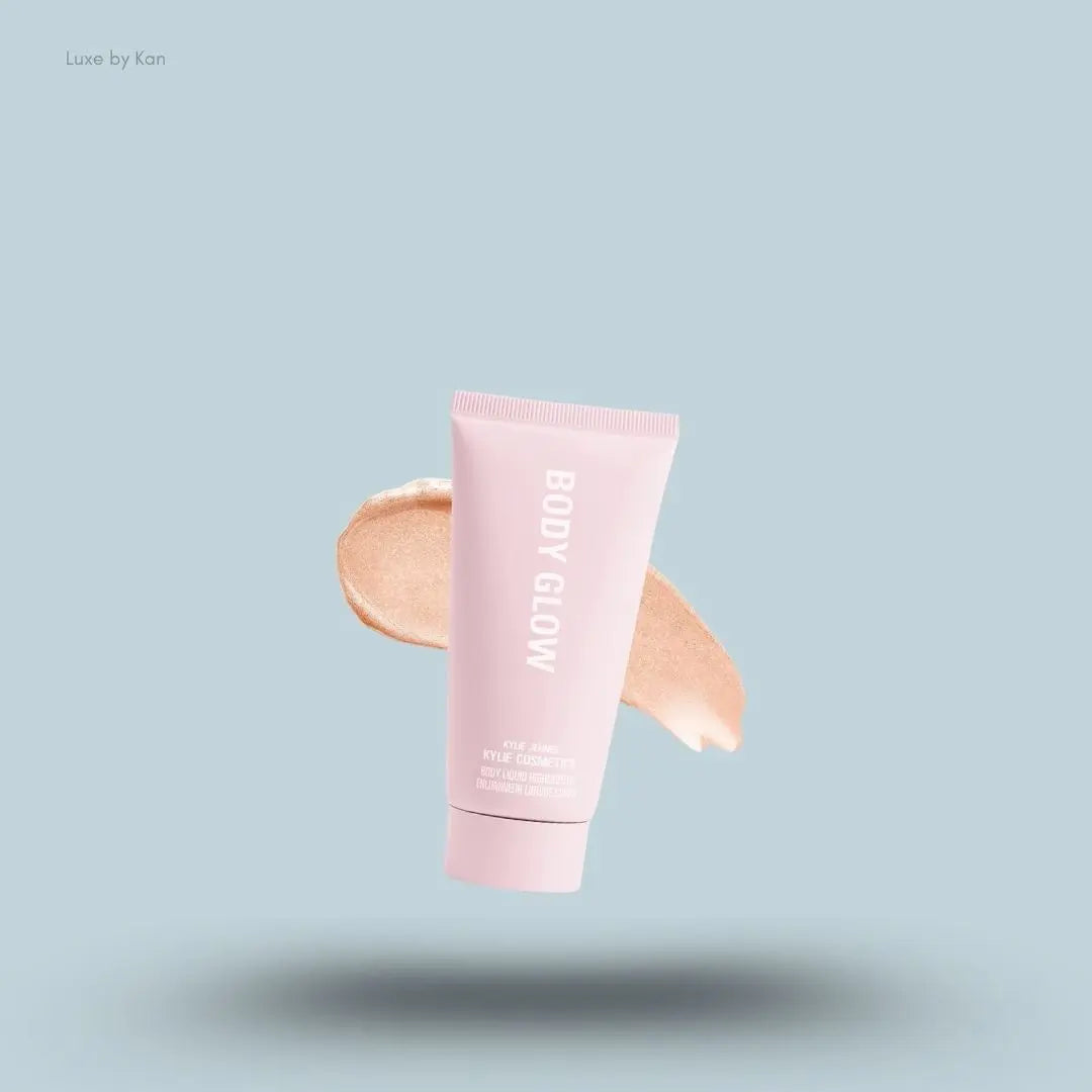 Kylie Cosmetics Body Glow Liquid Highlighter 50ml tube and swatch on blue background — LBK India