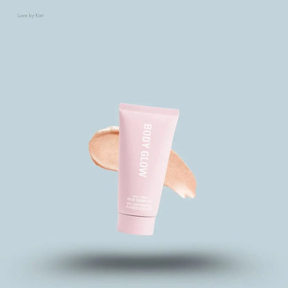 Kylie Cosmetics Body Glow Liquid Highlighter 50ml tube and swatch on blue background — LBK India