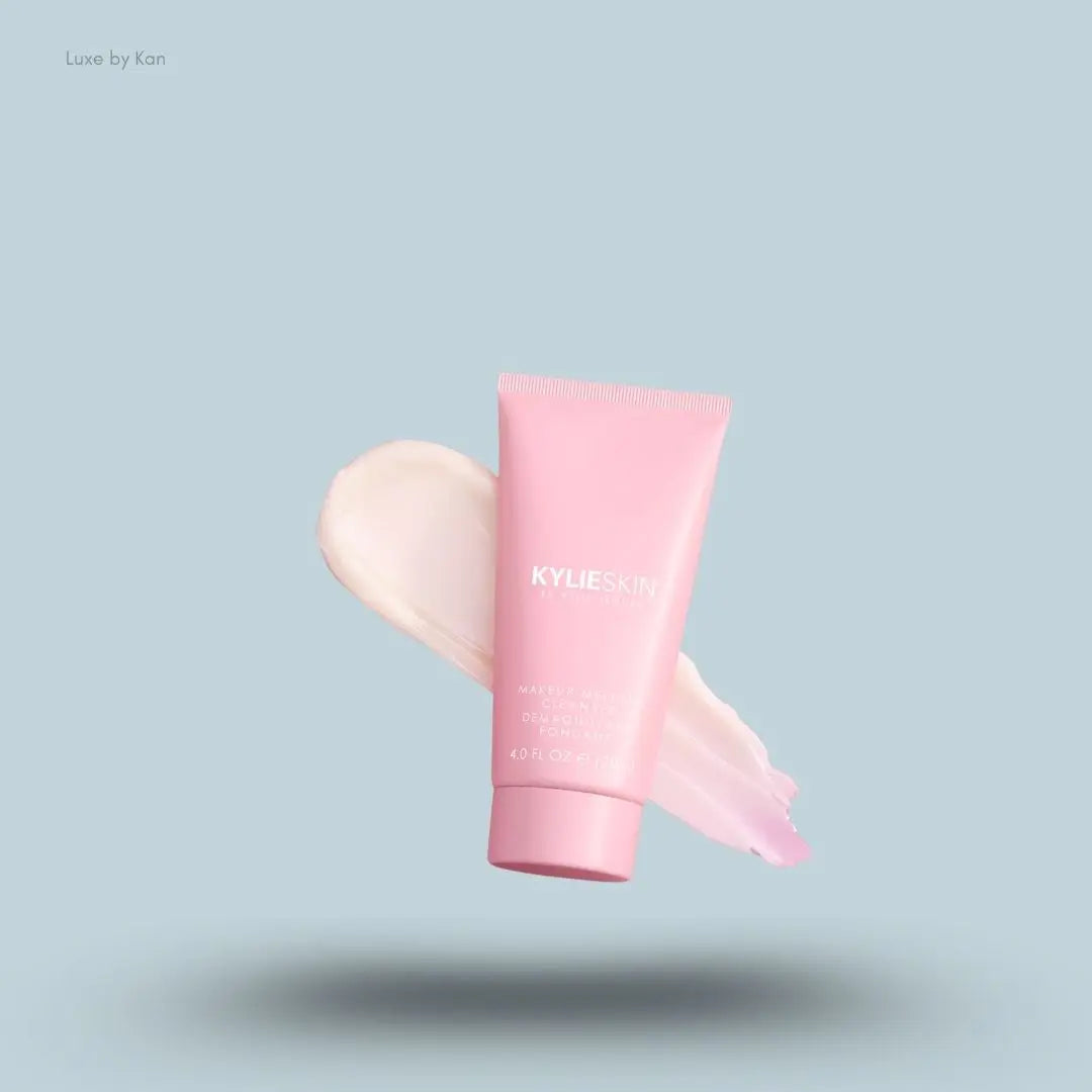 Kylie Cosmetics Makeup Melting Cleanser 120ml tube and swatch on blue background — LBK India