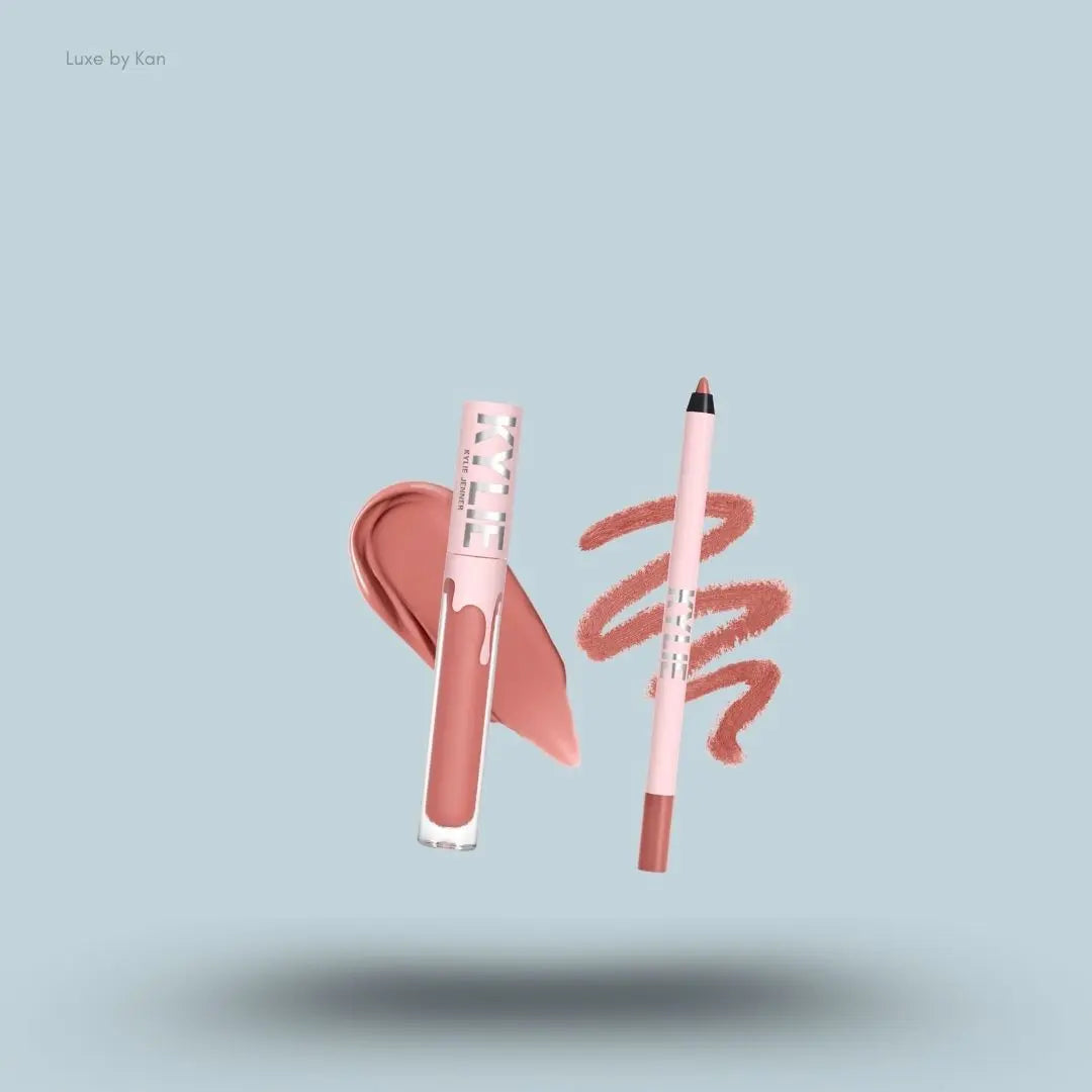 Kylie Cosmetics Matte Lip Kit bottle and swatch on blue background — Luxe by Kan India