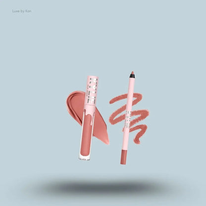 Kylie Cosmetics Matte Lip Kit bottle and swatch on blue background — Luxe by Kan India