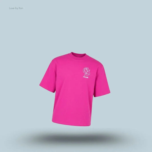 Gymshark Performance T-Shirt in pink shade displayed on a blue background with an oversized boxy-fit short-sleeve design