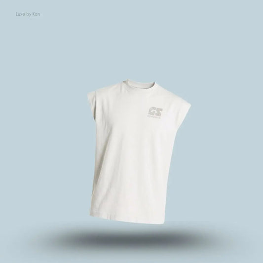 Gymshark Accent Capped Sleeve T-Shirt in tinted white shade displayed on a blue background with an oversized men's T-shirt design