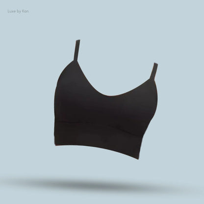 "Lululemon Focuser Scoop-Neck Bra in black, front view on light blue background"
