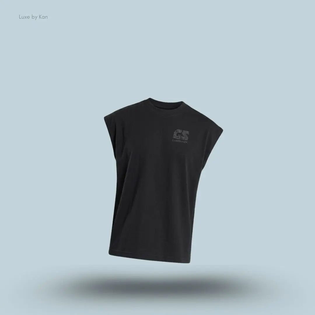 Gymshark Accent Capped Sleeve T-Shirt in black shade displayed on a blue background with an oversized men's T-shirt design