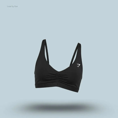 Gymshark Ruched Sports Bra 2.0 Black medium support ruched v-neck racerback women's sports bra front view India