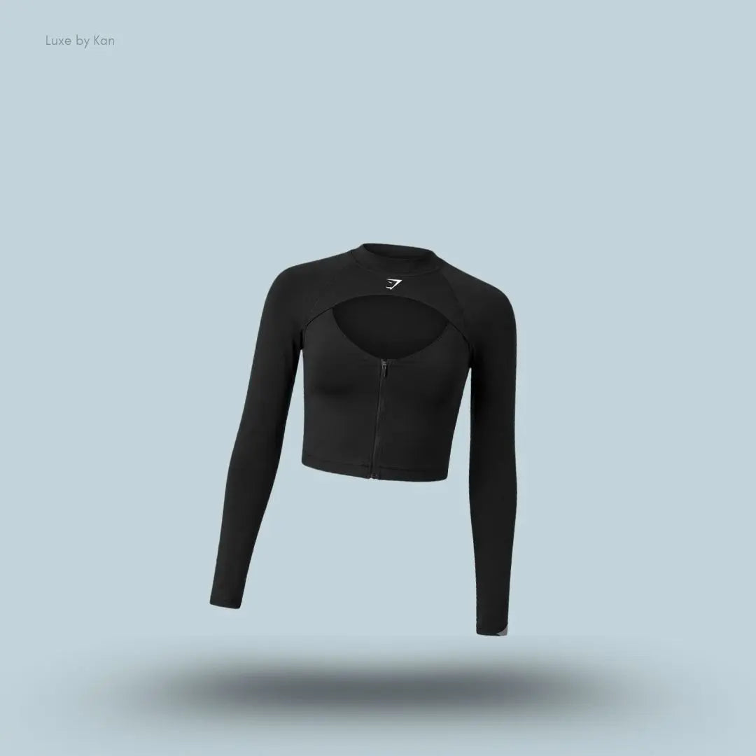 Gymshark Dipped Long Sleeve 1/4 Zip Jacket Black body fit dipped back hem front cut-out quarter zip women's activewear front view India