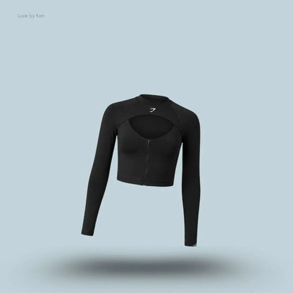 Gymshark Dipped Long Sleeve 1/4 Zip Jacket Black body fit dipped back hem front cut-out quarter zip women's activewear front view India