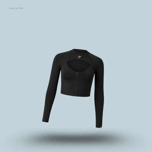 Gymshark Dipped Long Sleeve 1/4 Zip Jacket Black body fit dipped back hem front cut-out quarter zip women's activewear front view India