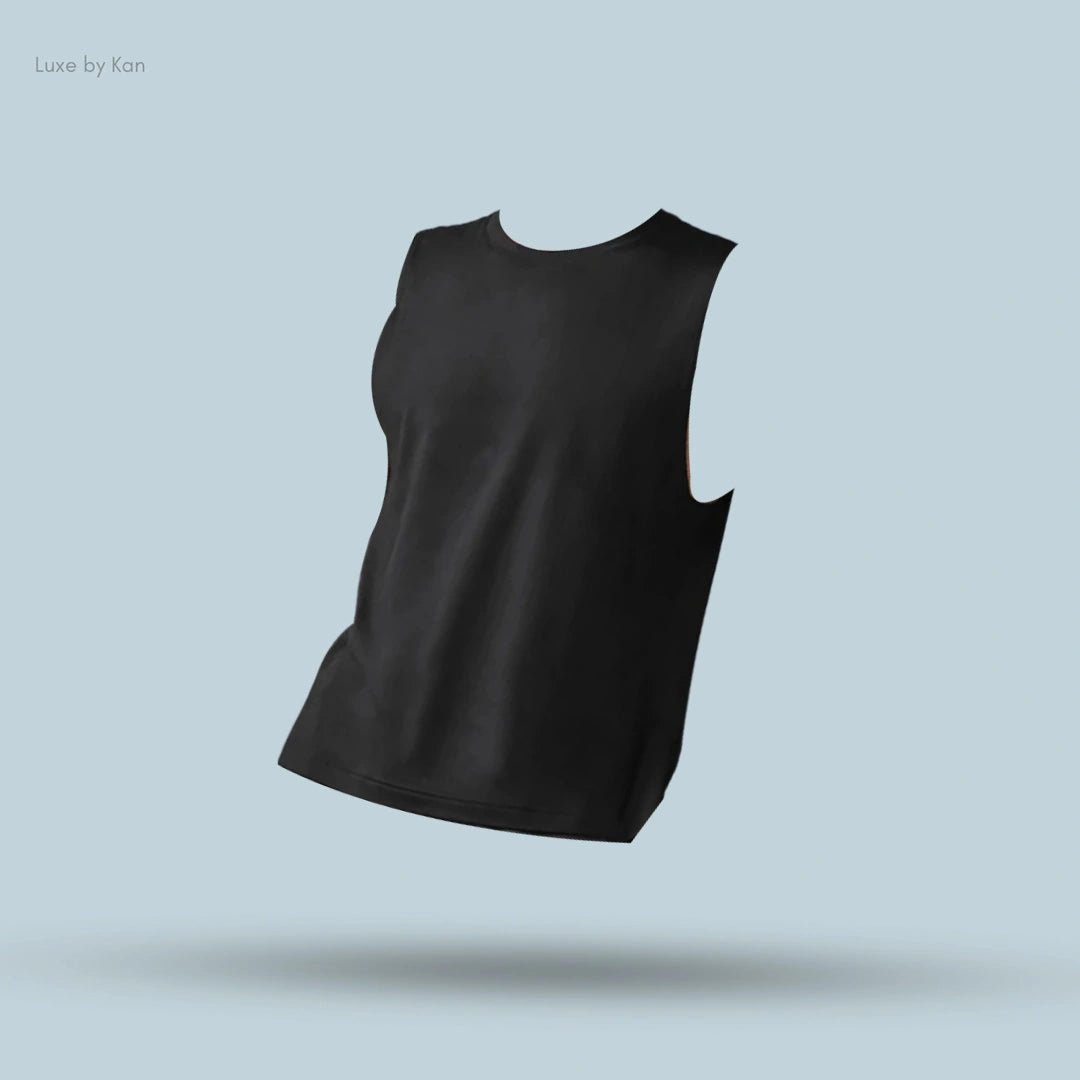 Alo Conquer Muscle Tank in Black, flat lay on light blue background