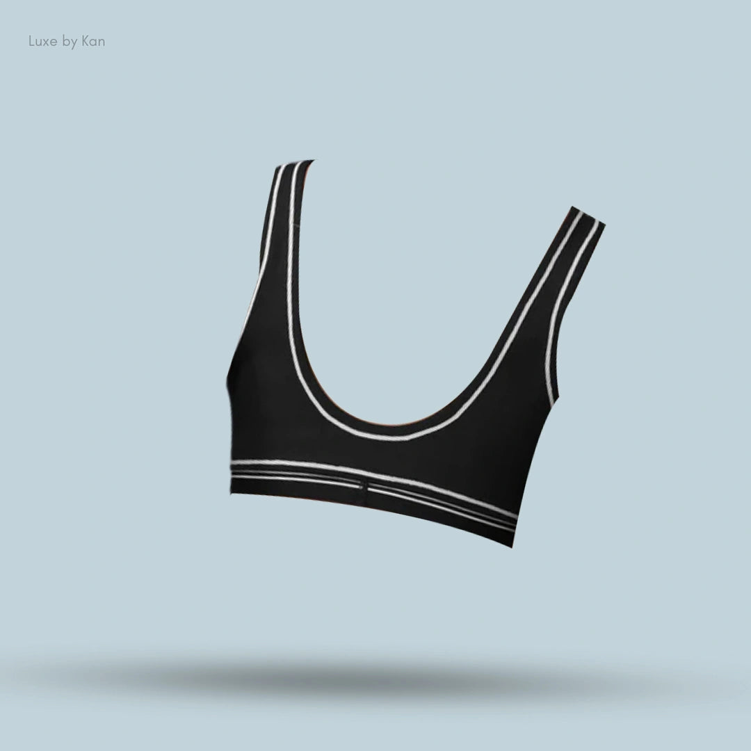 Alo Airbrush Heart Throb Bra in Black/White, back view showing low open back