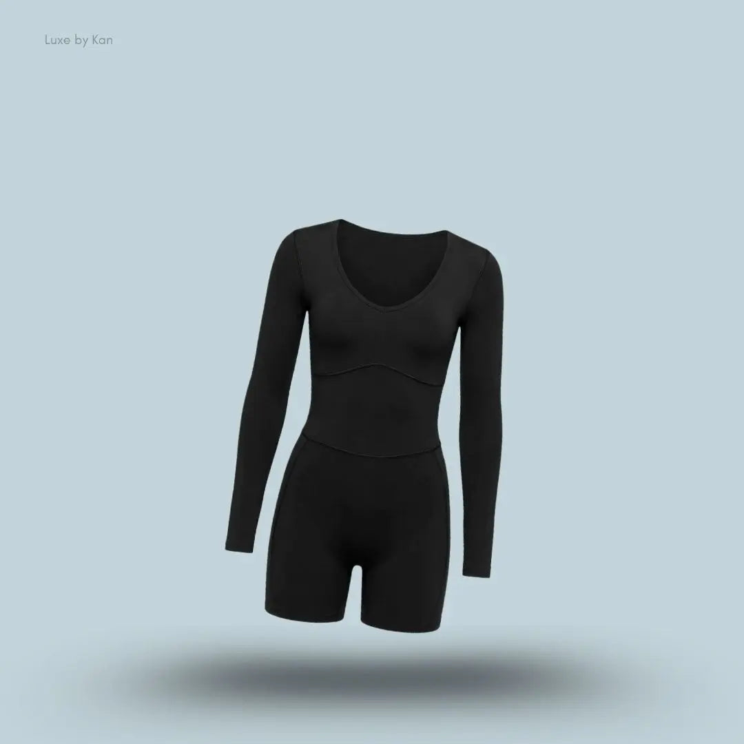 Gymshark Lifting Dipped Waistband All-In-One Black body fit deep V back bum scrunch open back scoop neck long sleeve women's activewear front view India