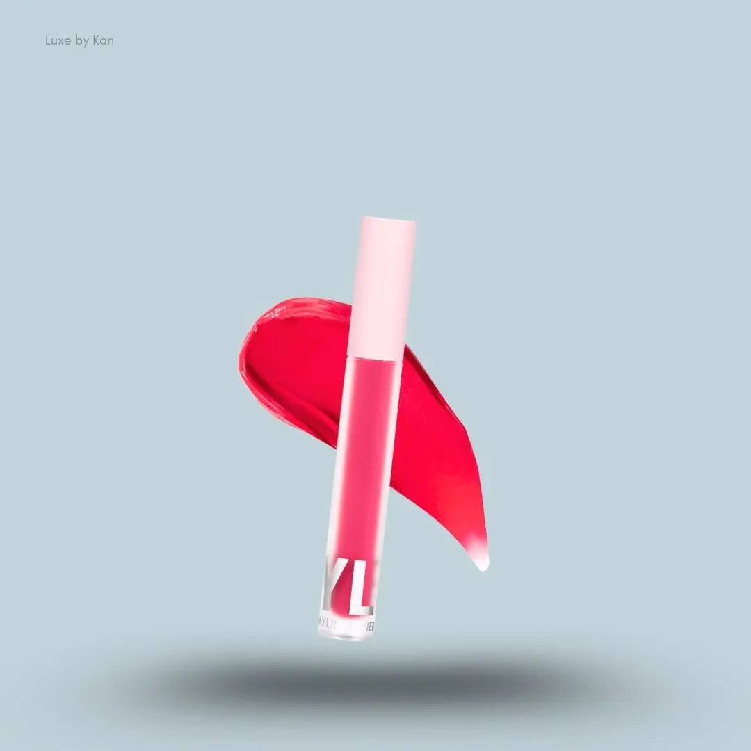 Kylie Cosmetics Lip Blush Matte Lip bottle and swatch on blue background — LBK India