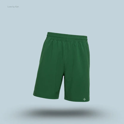 Lululemon Pace Breaker Linerless Short 7" in green, front view on light blue background