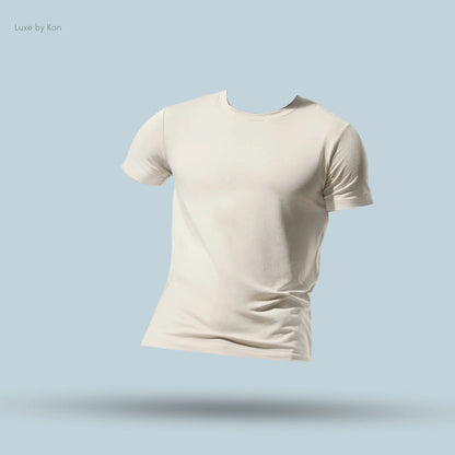 Alo Conquer Reform Crewneck Short Sleeve in Bone, flat lay on light blue background