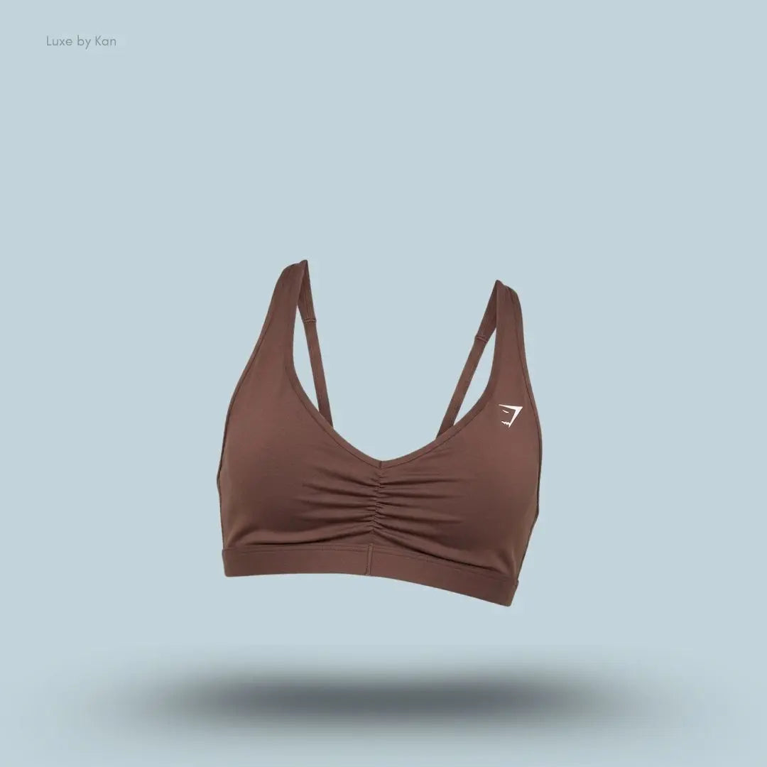 Gymshark Ruched Sports Bra 2.0 Espresso Brown medium support ruched v-neck racerback women's sports bra front view India