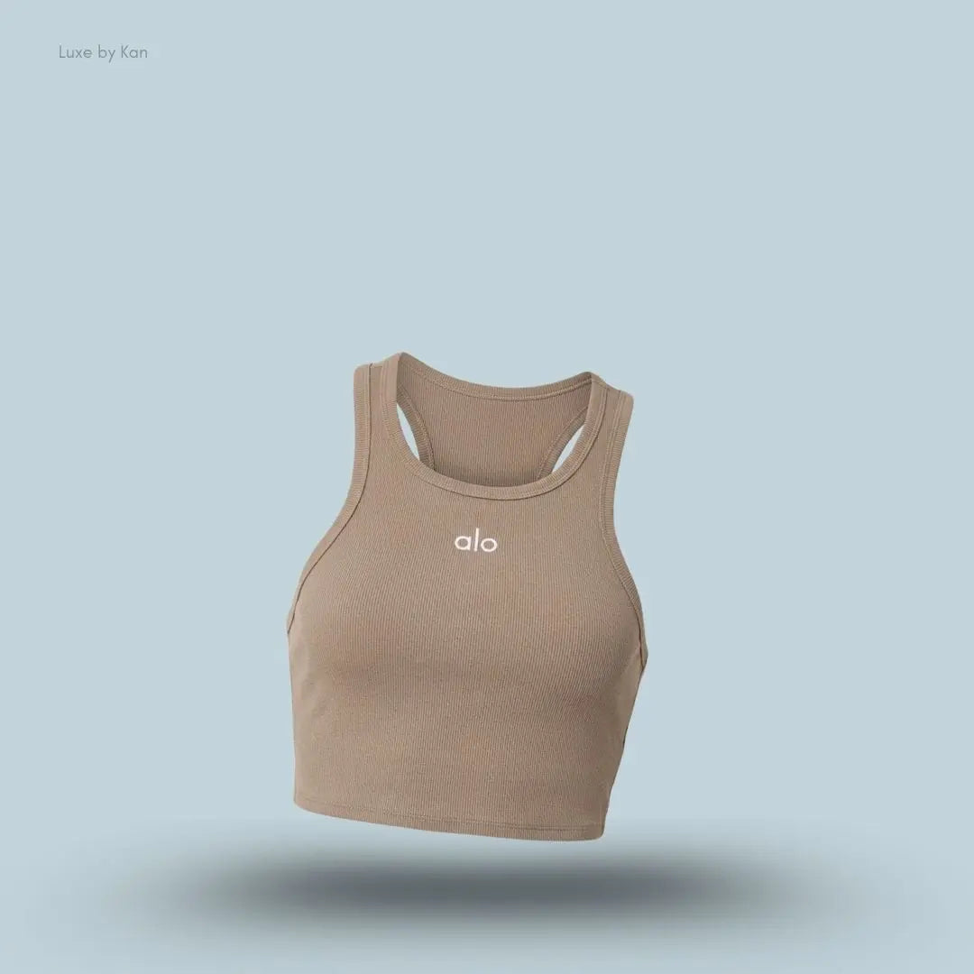 Alo Aspire Tank in gravel, flat lay on light blue background