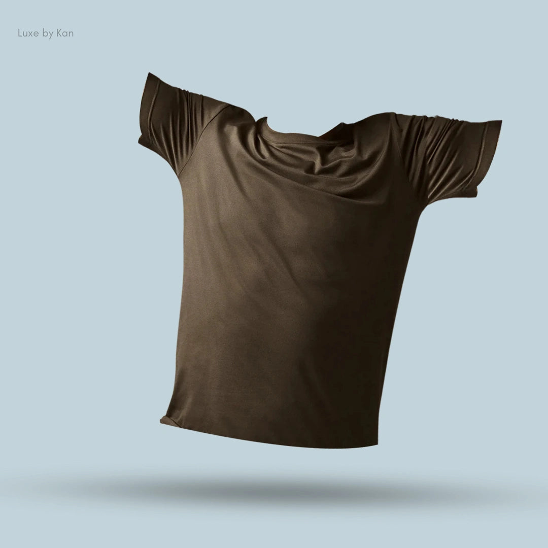 Alo Conquer Reform Crewneck Short Sleeve in Espresso, flat lay on light blue background