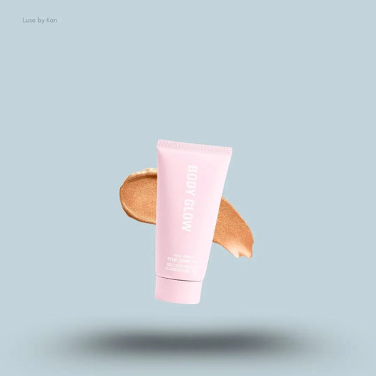 Kylie Cosmetics Body Glow Liquid Highlighter 50ml tube and swatch on blue background — LBK India