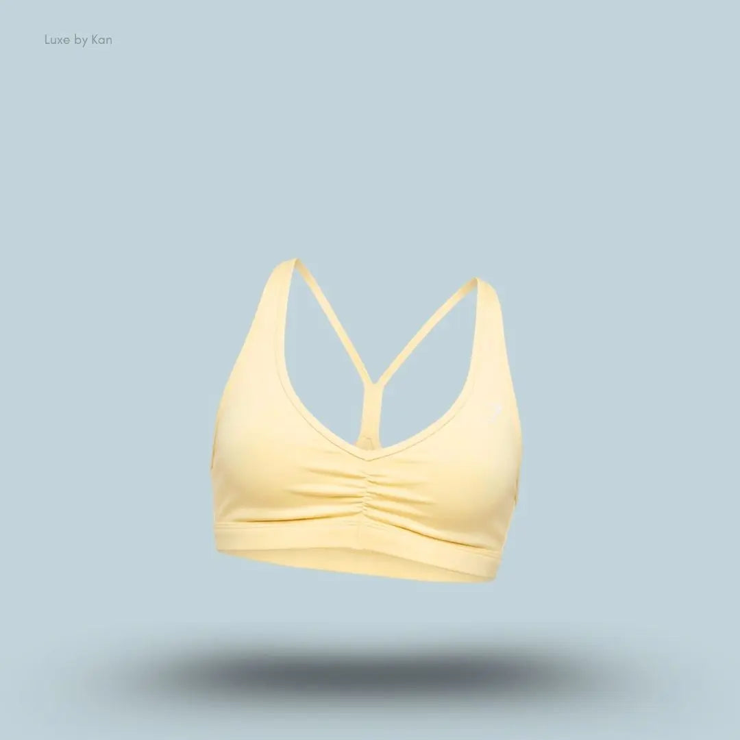 Gymshark Ruched Sports Bra 2.0 Butter Yellow medium support ruched v-neck racerback women's sports bra front view India