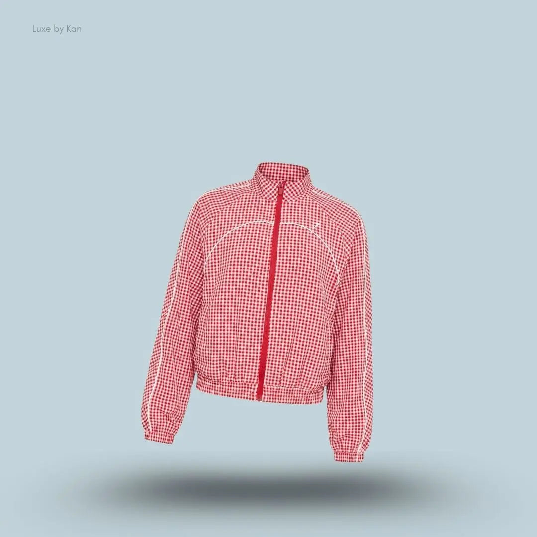 Gymshark Gingham Track Jacket Carmine Red Soft White oversized boxy fit full zip women's activewear jacket front view India