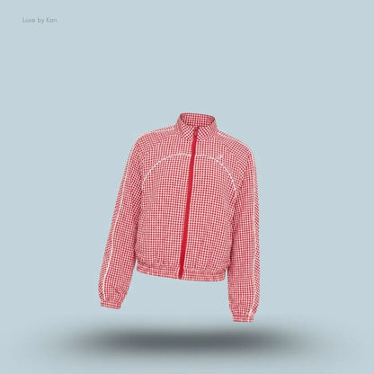 Gymshark Gingham Track Jacket Carmine Red Soft White oversized boxy fit full zip women's activewear jacket front view India