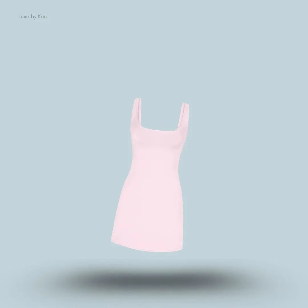SKIMS Cotton Jersey Mini Dress in Cherry Blossom, flat lay on light blue background