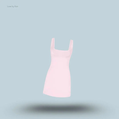 SKIMS Cotton Jersey Mini Dress in Cherry Blossom, flat lay on light blue background