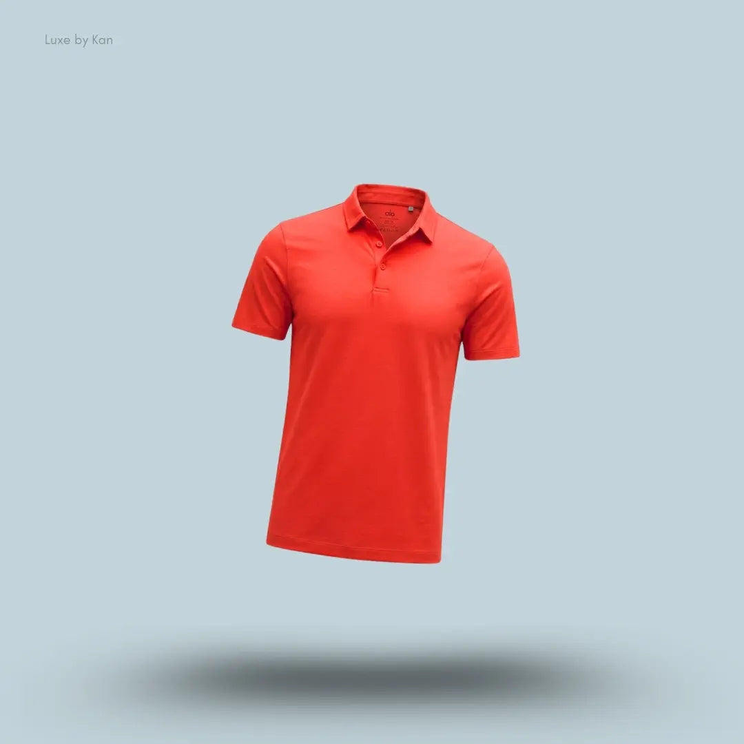 Lululemon Evolution Short-Sleeve Polo Shirt in Cherry Ember, flat lay on light blue background