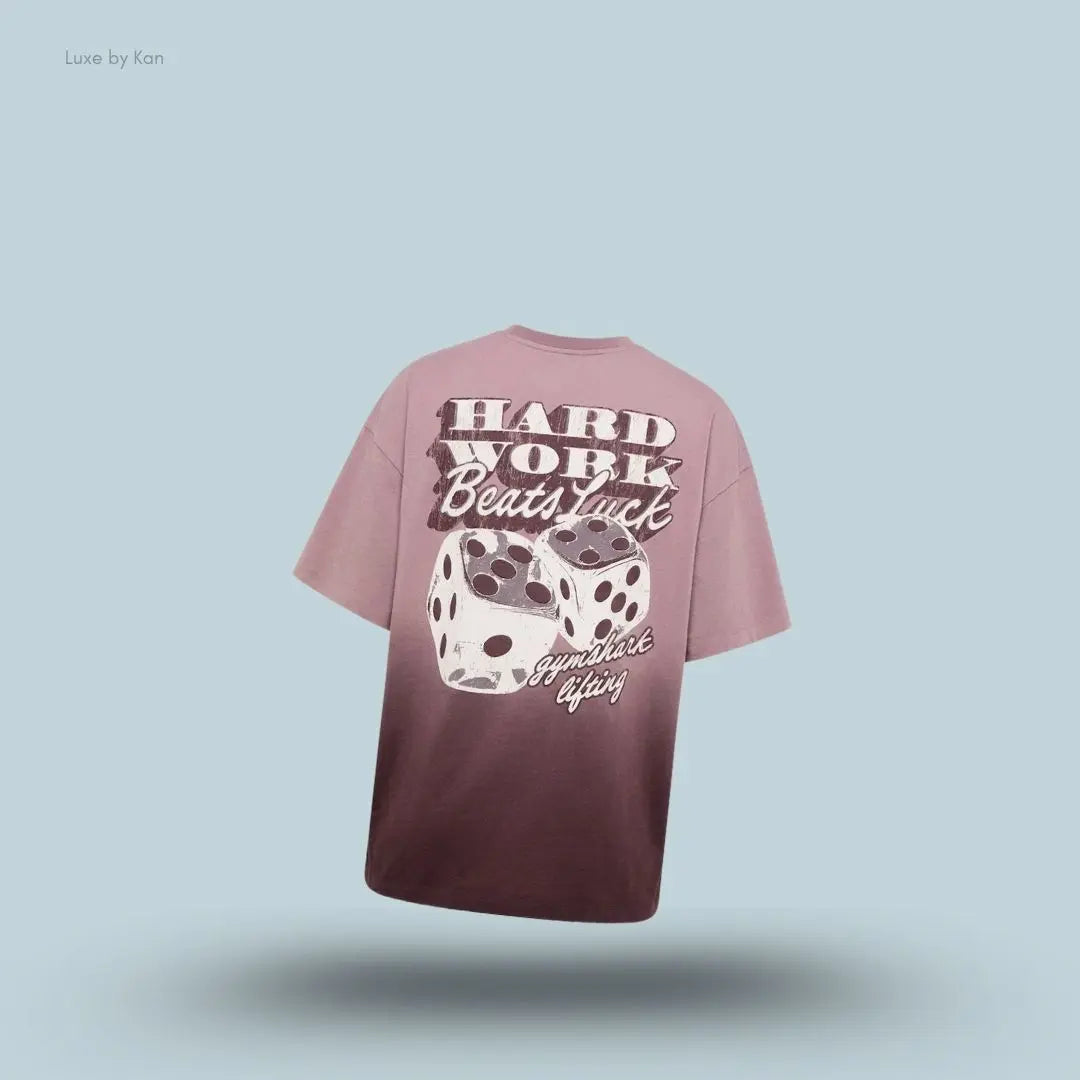 Gymshark Hard Work Dice Graphic Short Sleeve T-Shirt Cherry Purple Wash oversized fit acid wash dice graphic on back pump cover women's activewear back view India