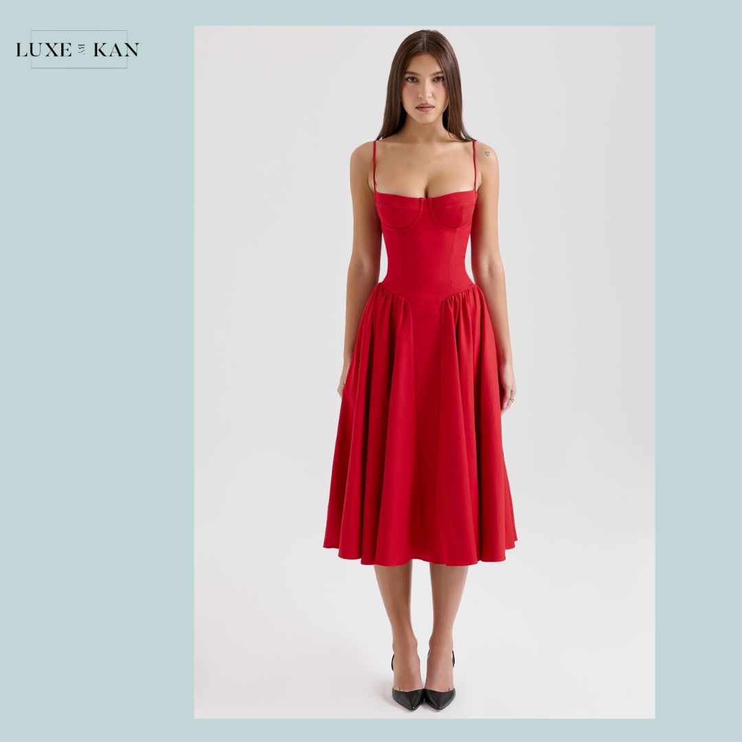 HOUSE OF CB Samaria Red Gathered Midi Dress