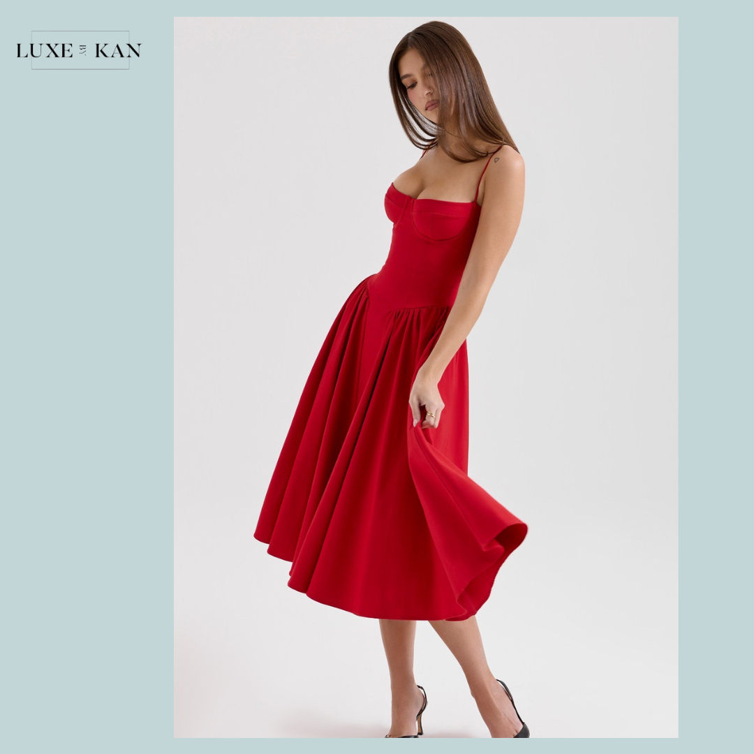 HOUSE OF CB Samaria Red Gathered Midi Dress