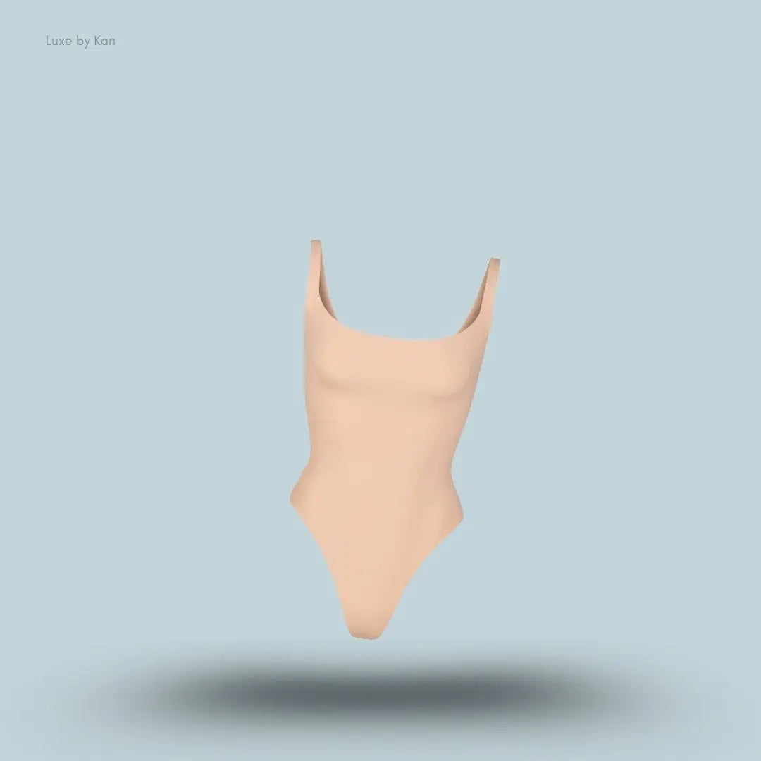 SKIMS Fits Everybody Square Neck Stretch Jersey Body in nude, front view on a light blue background with floating product display.
