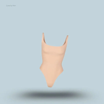 SKIMS Fits Everybody Square Neck Stretch Jersey Body in nude, front view on a light blue background with floating product display.
