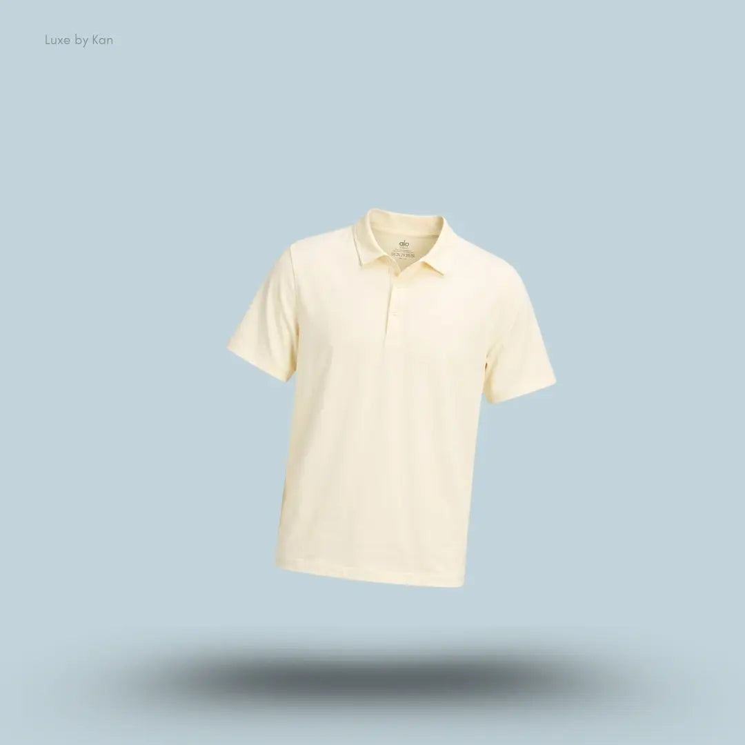 Lululemon Evolution Short-Sleeve Polo Shirt in Heathered Coconut Ivory, flat lay on light blue background