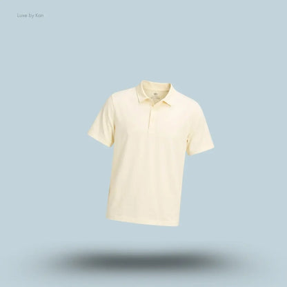 Lululemon Evolution Short-Sleeve Polo Shirt in Heathered Coconut Ivory, flat lay on light blue background