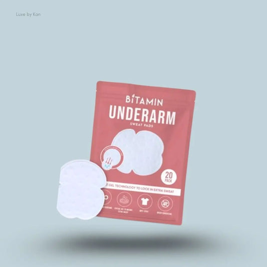 Bitamin Underarm Sweat Pads 20pk sachet on blue background — Luxe by Kan India