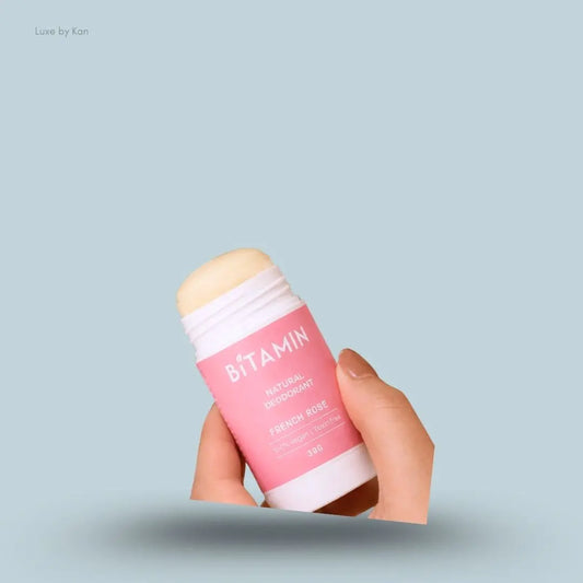 Bitamin French Rose Natural Deodorant 30g roll-on on blue background — Luxe by Kan India