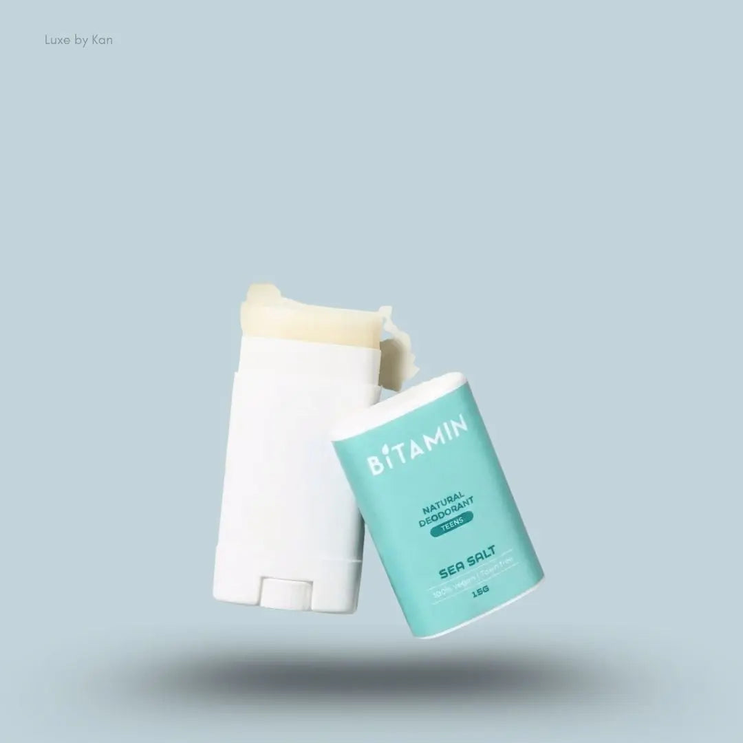 Bitamin Seasalt Teens Natural Deodorant 15g bottle on blue background — Luxe by Kan India