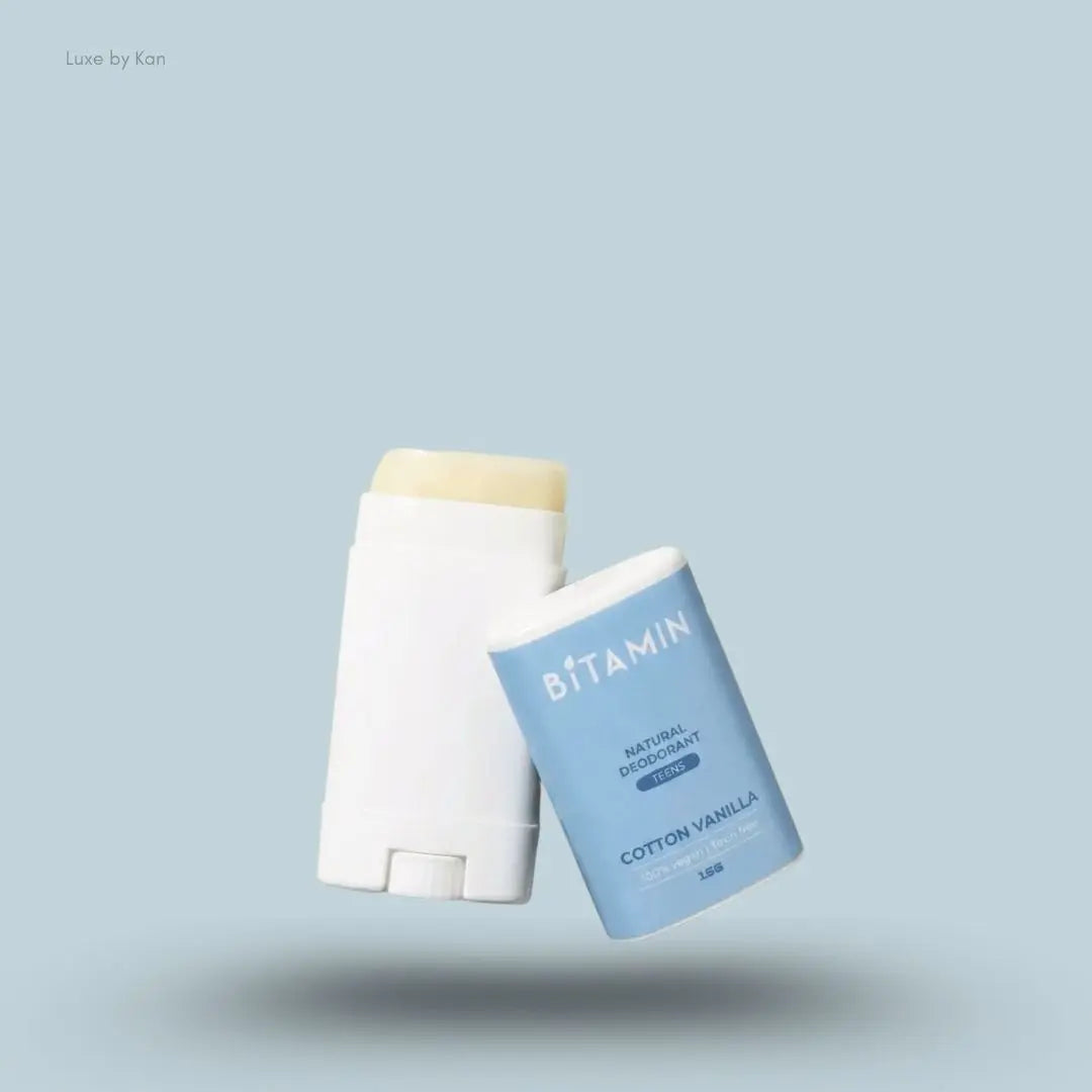 Bitamin Cotton Vanilla Teens Natural Deodorant 15g bottle on blue background — Luxe by Kan India