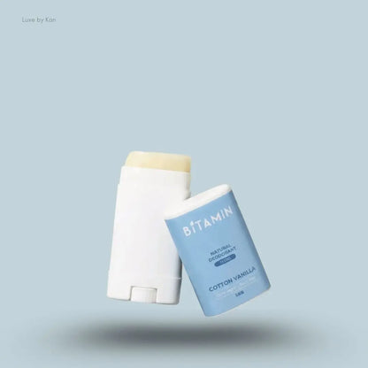 Bitamin Cotton Vanilla Teens Natural Deodorant 15g bottle on blue background — Luxe by Kan India