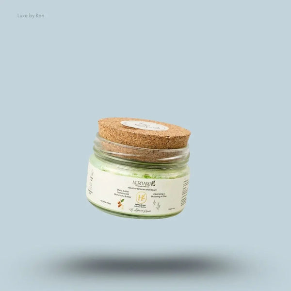 Herbaria Modern Botanicals Spring Green Shower Butter 120g box on blue background — LBK India