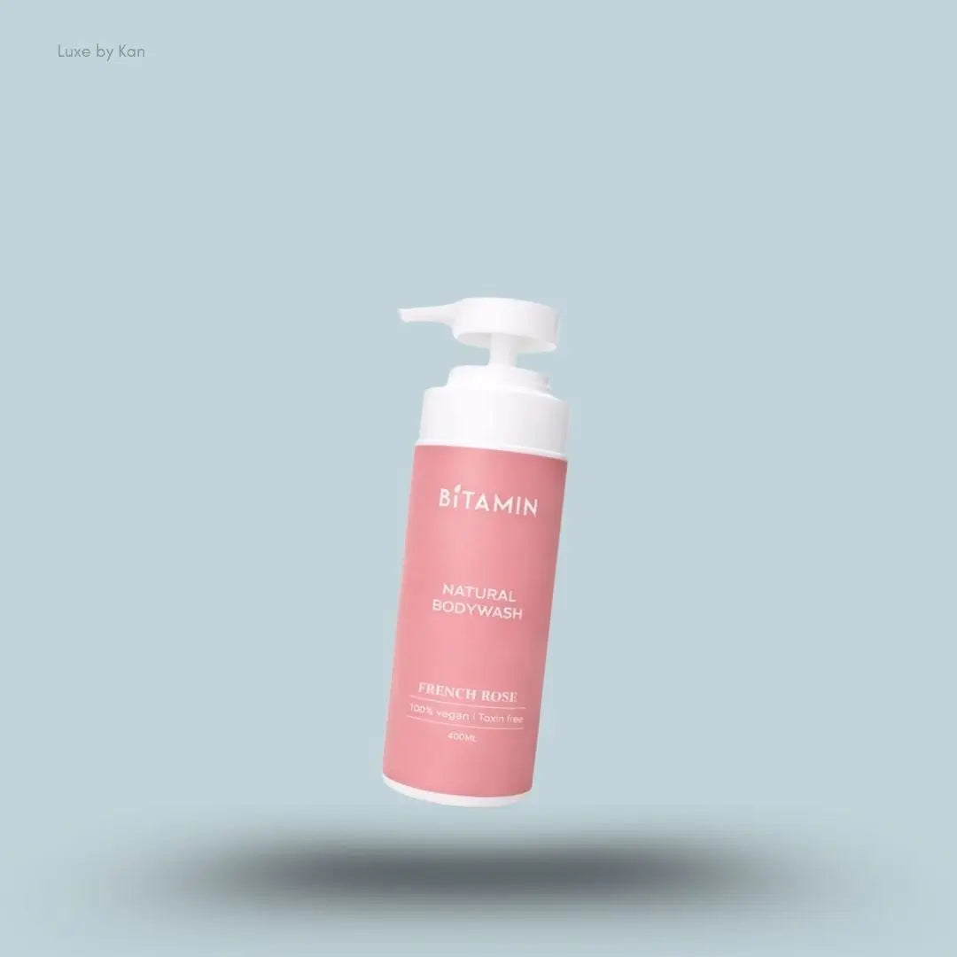 Bitamin French Rose Natural Body Wash 400ml bottle on blue background — Luxe by Kan India