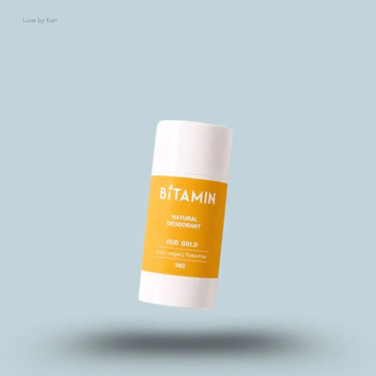 Bitamin Oud Gold Natural Deodorant 30g roll-on on blue background — Luxe by Kan India