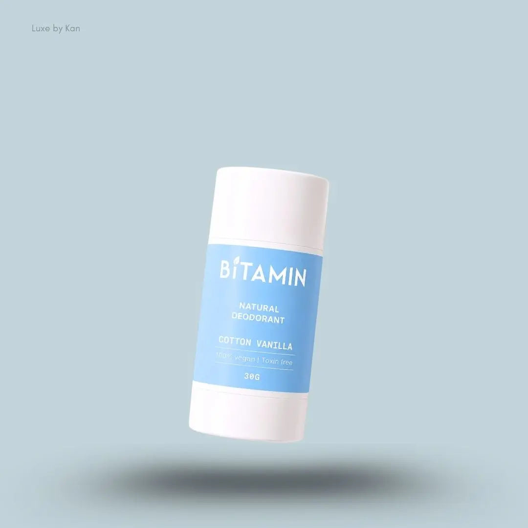 Bitamin Cotton Vanilla Natural Deodorant 30g roll-on on blue background — Luxe by Kan India