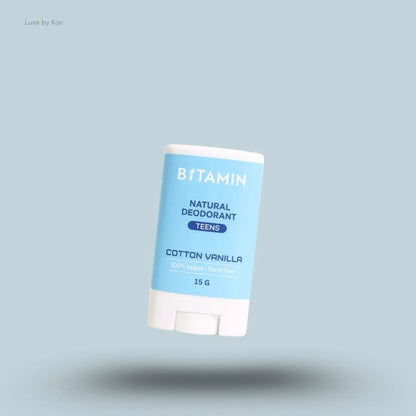 Bitamin Cotton Vanilla Teens Natural Deodorant 15g bottle on blue background — Luxe by Kan India