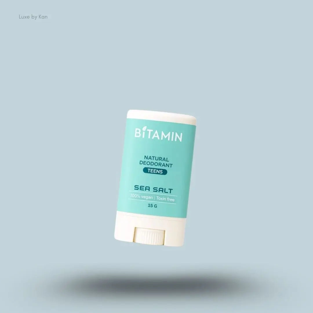 Bitamin Seasalt Teens Natural Deodorant 15g bottle on blue background — Luxe by Kan India